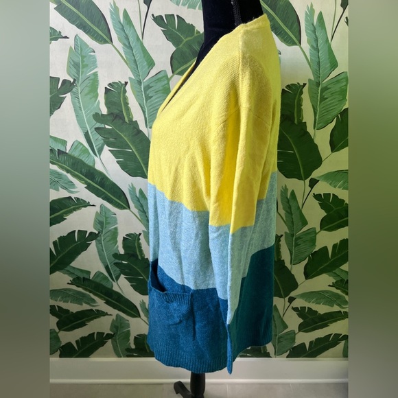 A New Day Colorblock Open Front Long Cardigan Sweater Size S Yellow Teal - Picture 3 of 6